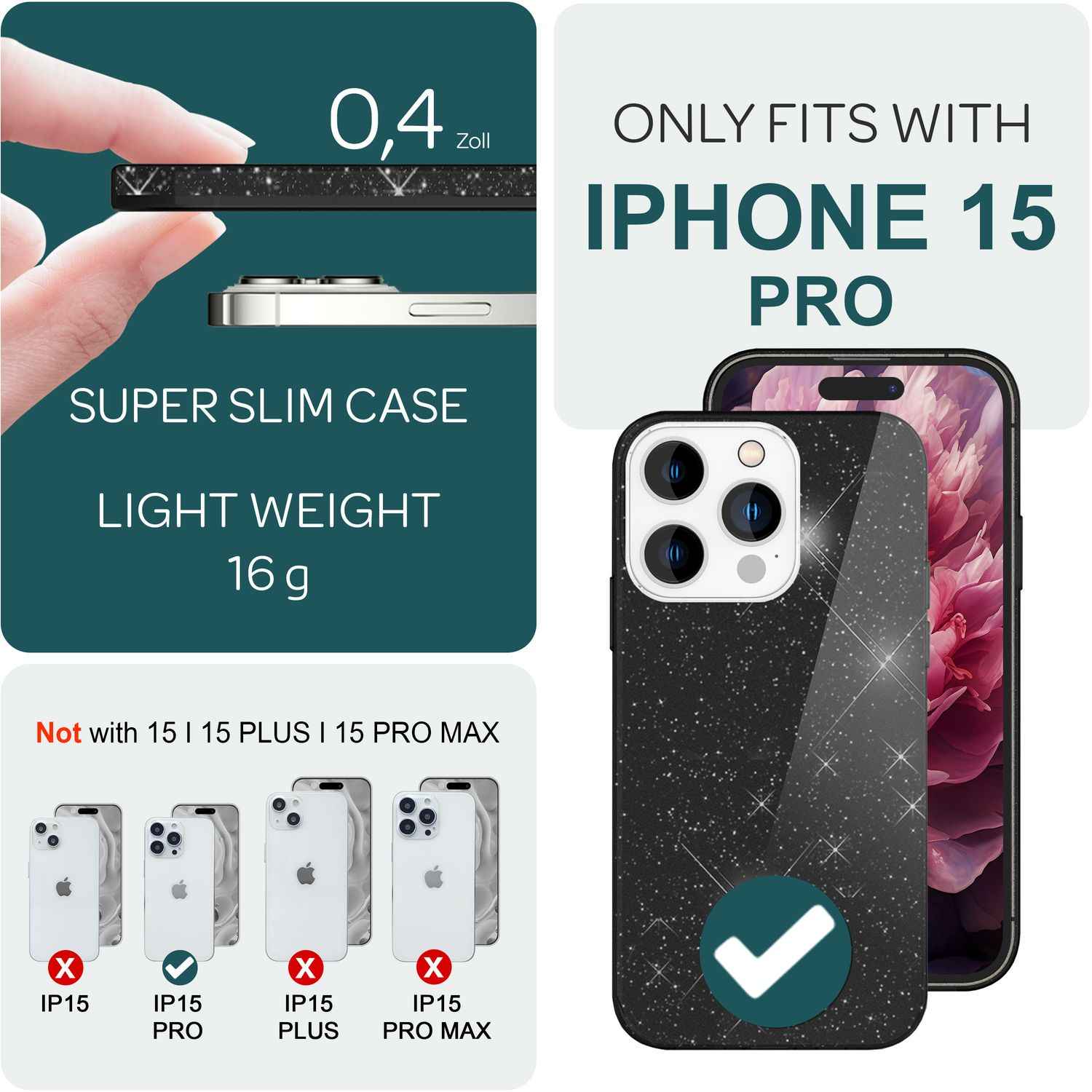Glitzer Hülle für iPhone 15 Pro Hybrid Bling Case Silikon Handyhülle Schutz Etui
