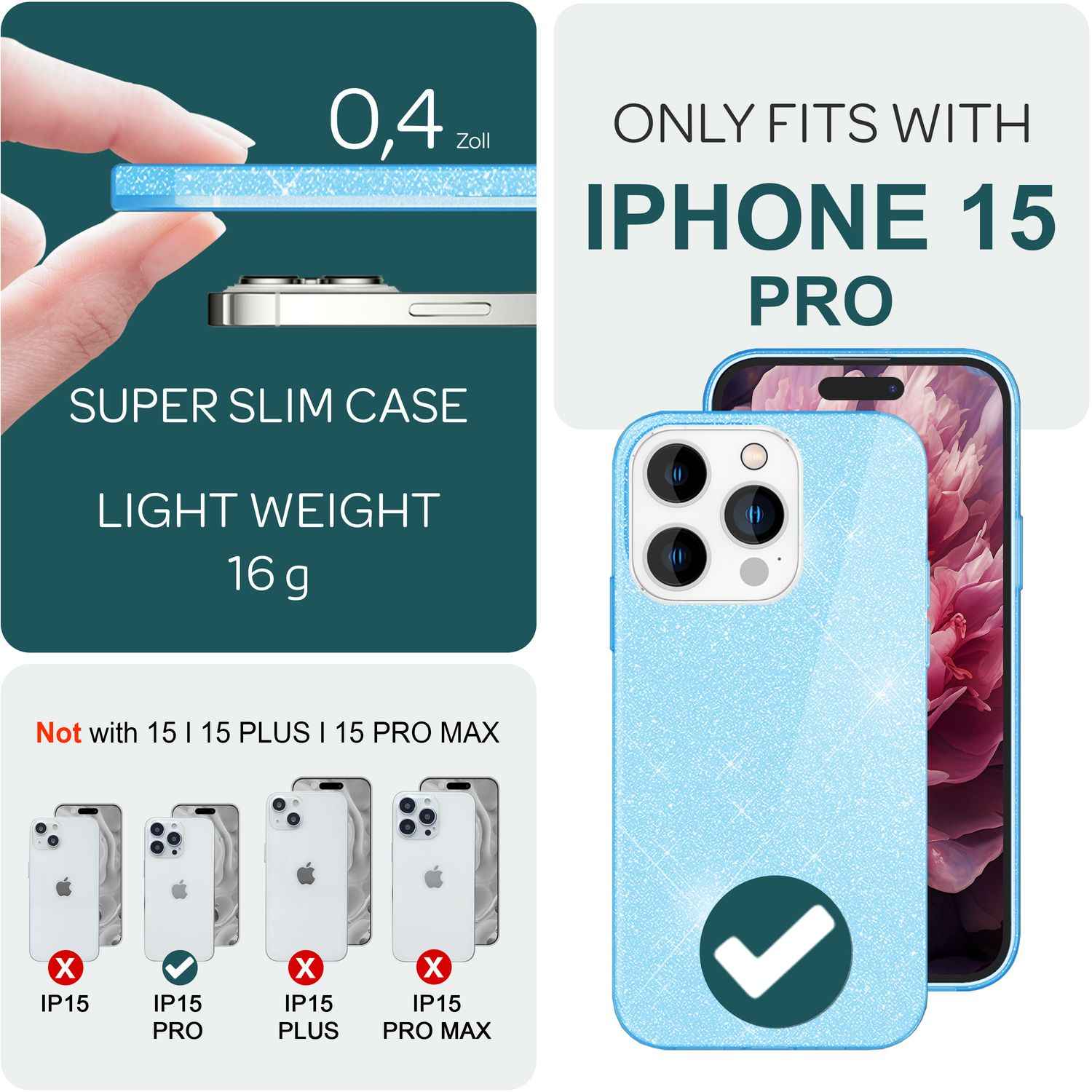 Glitzer Hülle für iPhone 15 Pro Hybrid Bling Case Silikon Handyhülle Schutz Etui
