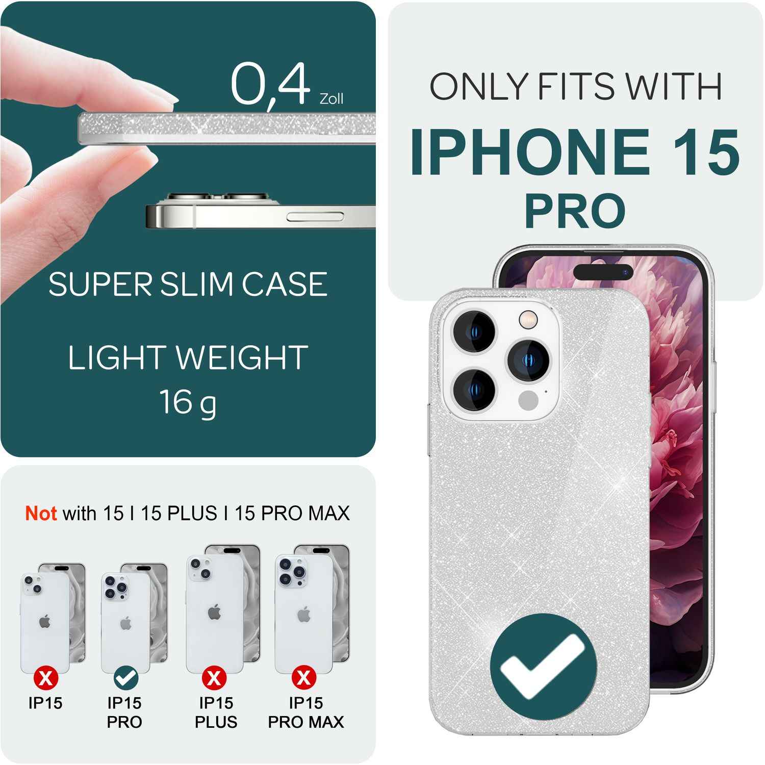 Glitzer Hülle für iPhone 15 Pro Hybrid Bling Case Silikon Handyhülle Schutz Etui