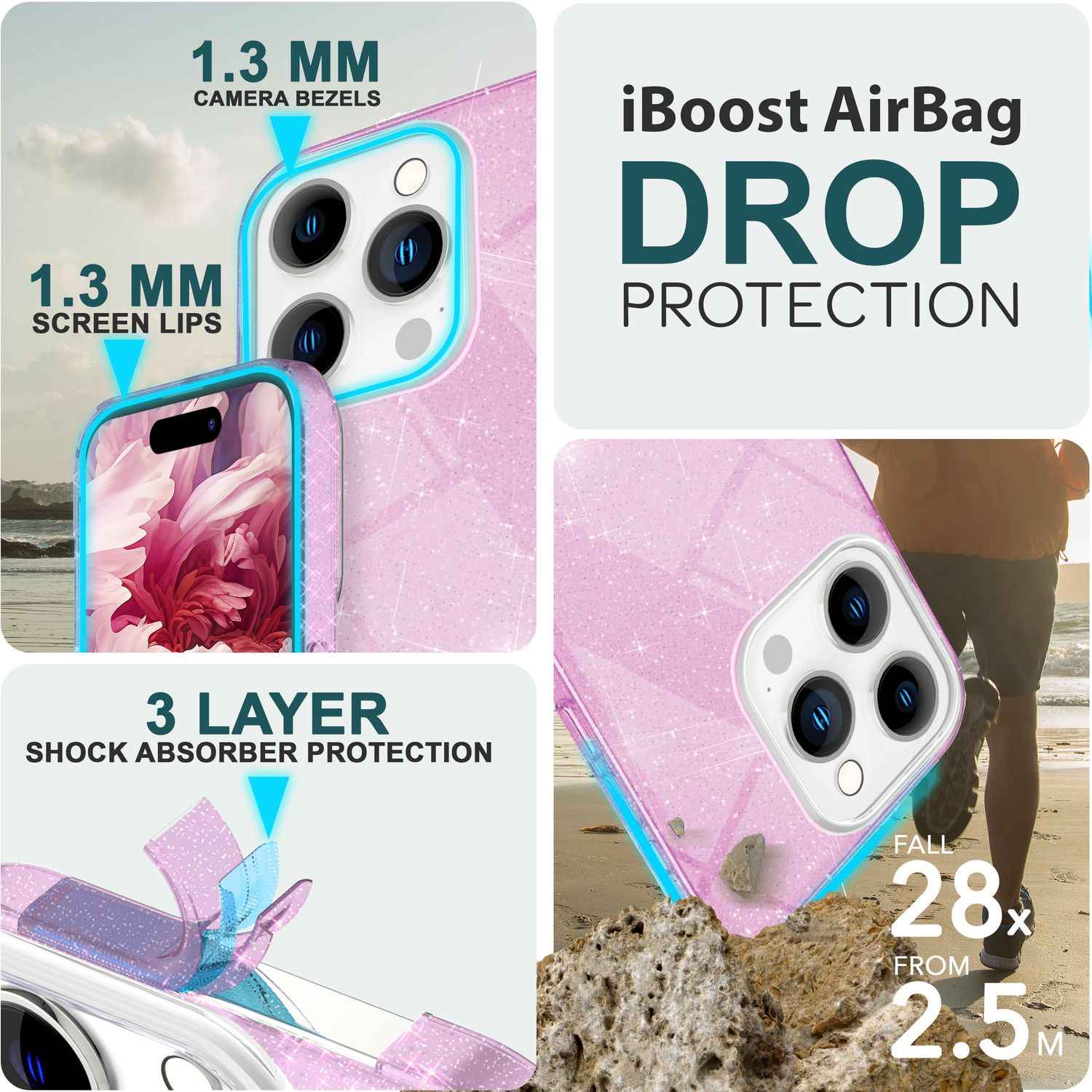 Glitzer Hülle für iPhone 15 Pro Hybrid Bling Case Silikon Handyhülle Schutz Etui