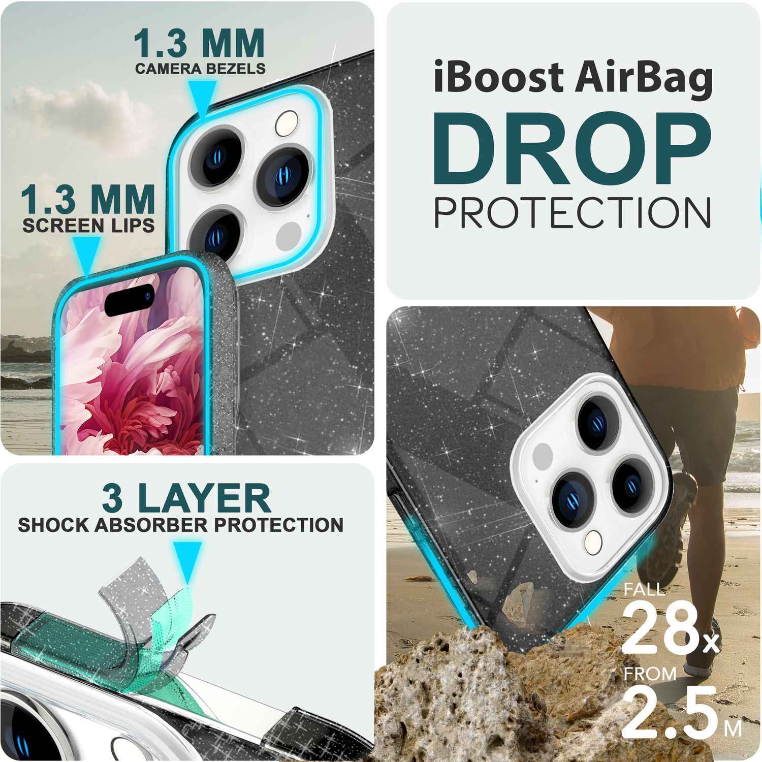 Glitzer Hülle für iPhone 15 Pro Hybrid Bling Case Silikon Handyhülle Schutz Etui