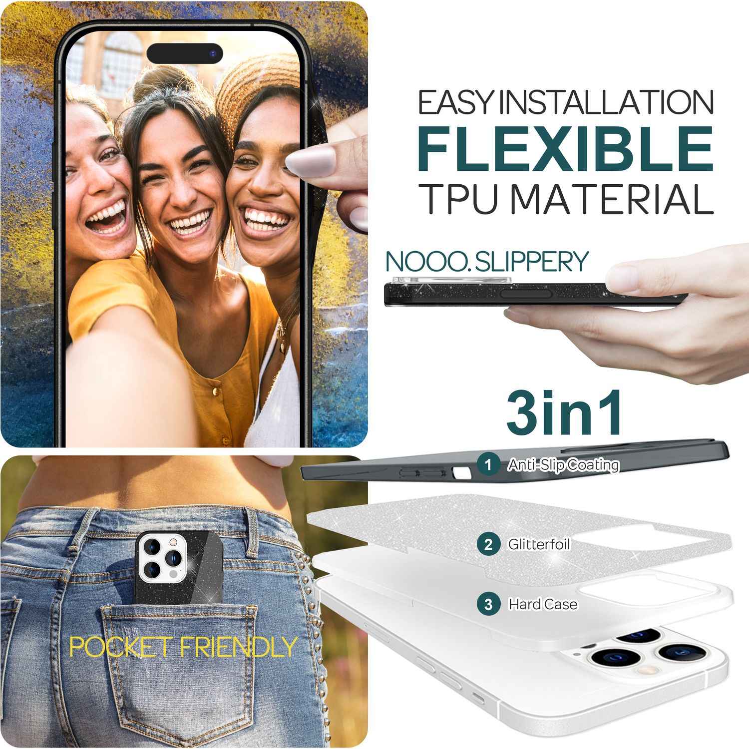 Glitzer Hülle für iPhone 15 Pro Hybrid Bling Case Silikon Handyhülle Schutz Etui
