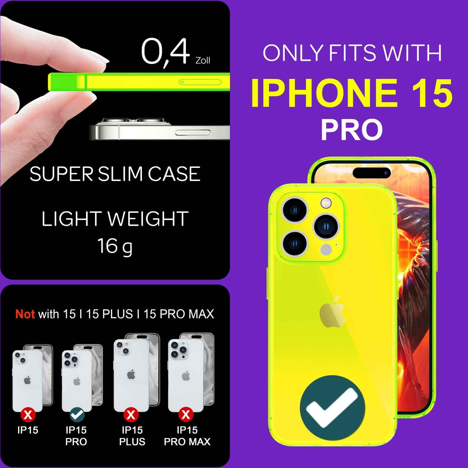 Hülle Neon Klar für iPhone 15 Pro Bunt Leuchtend Silikon Handyhülle Schutz Cover