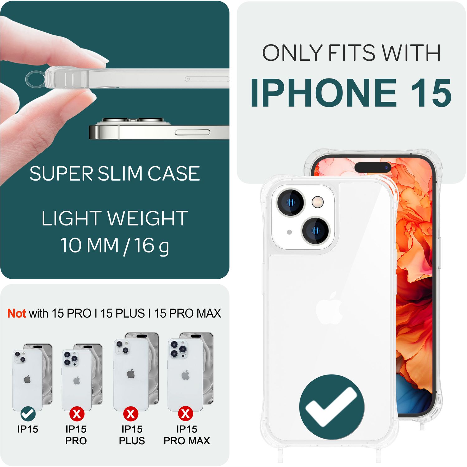 Handyhülle mit Umhängeband für iPhone 15 Polycarbonat transparent | NALIA Berlin