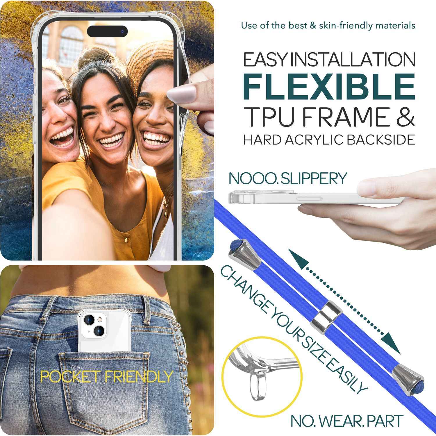 Hülle mit Band für iPhone 15 Handyhülle Umhängen Schutz Case Handy Kette Kordel