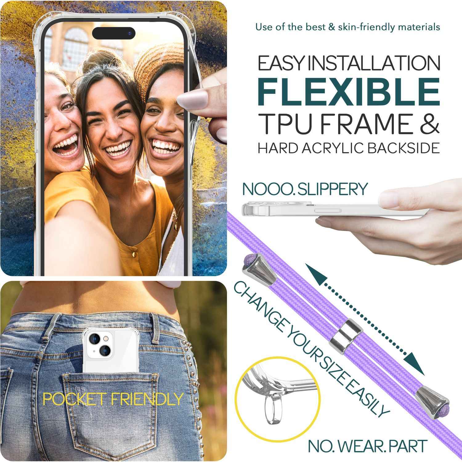Hülle mit Band für iPhone 15 Handyhülle Umhängen Schutz Case Handy Kette Kordel
