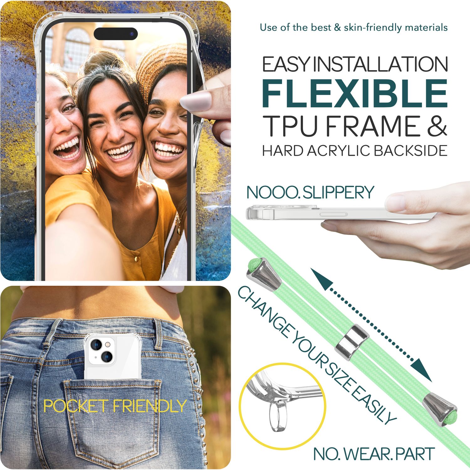 Handyhülle mit Umhängeband für iPhone 15 Polycarbonat transparent | NALIA Berlin
