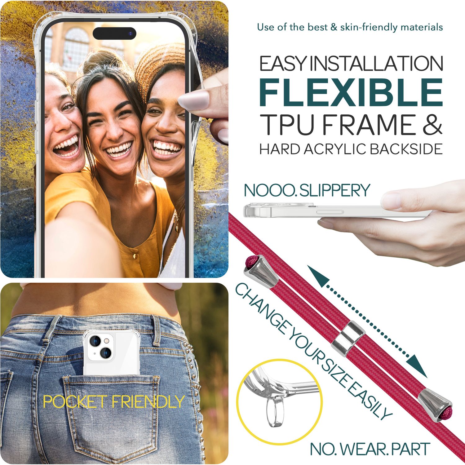 Handyhülle mit Umhängeband für iPhone 15 Polycarbonat transparent | NALIA Berlin