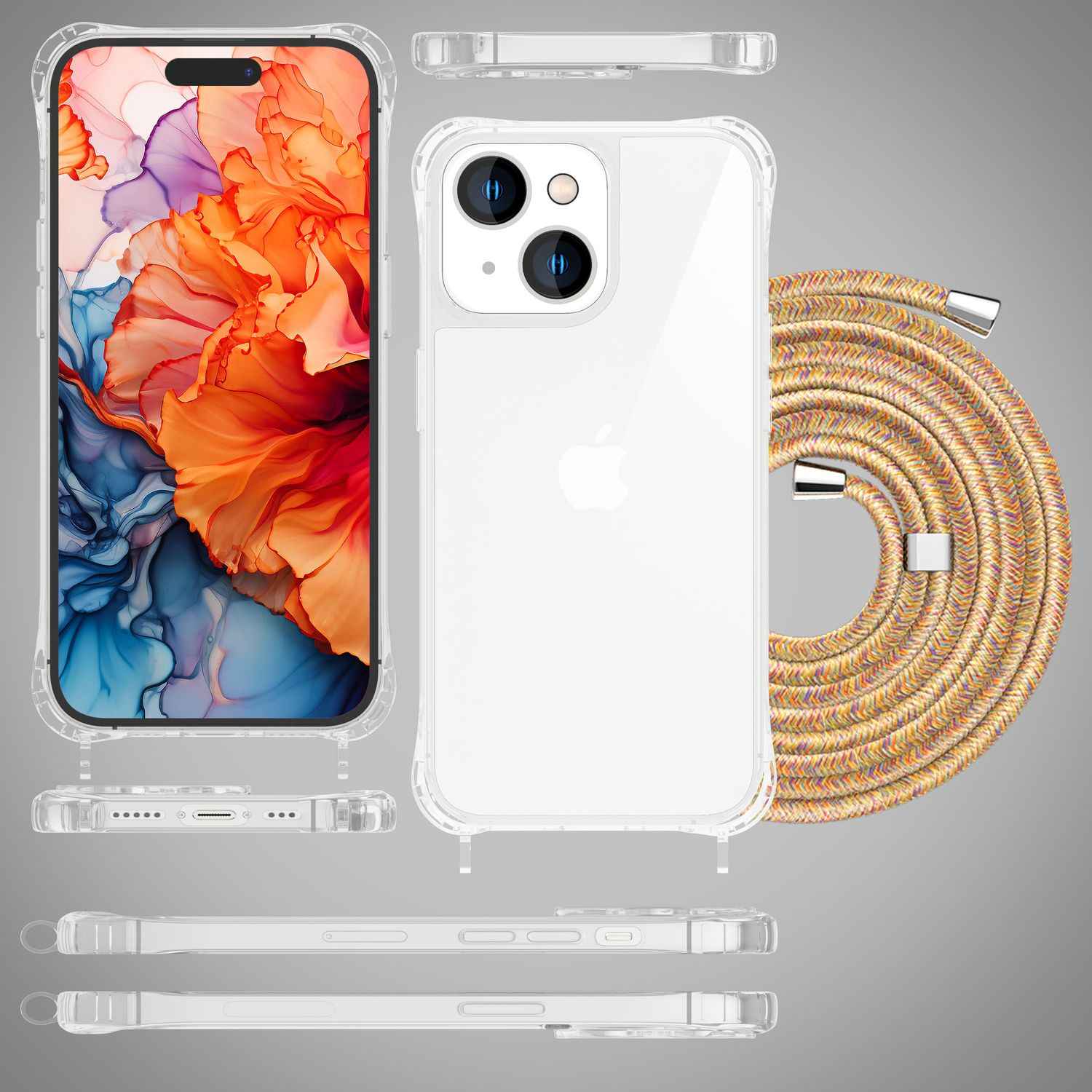 Hülle mit Band für iPhone 15 Handyhülle Umhängen Schutz Case Handy Kette Kordel