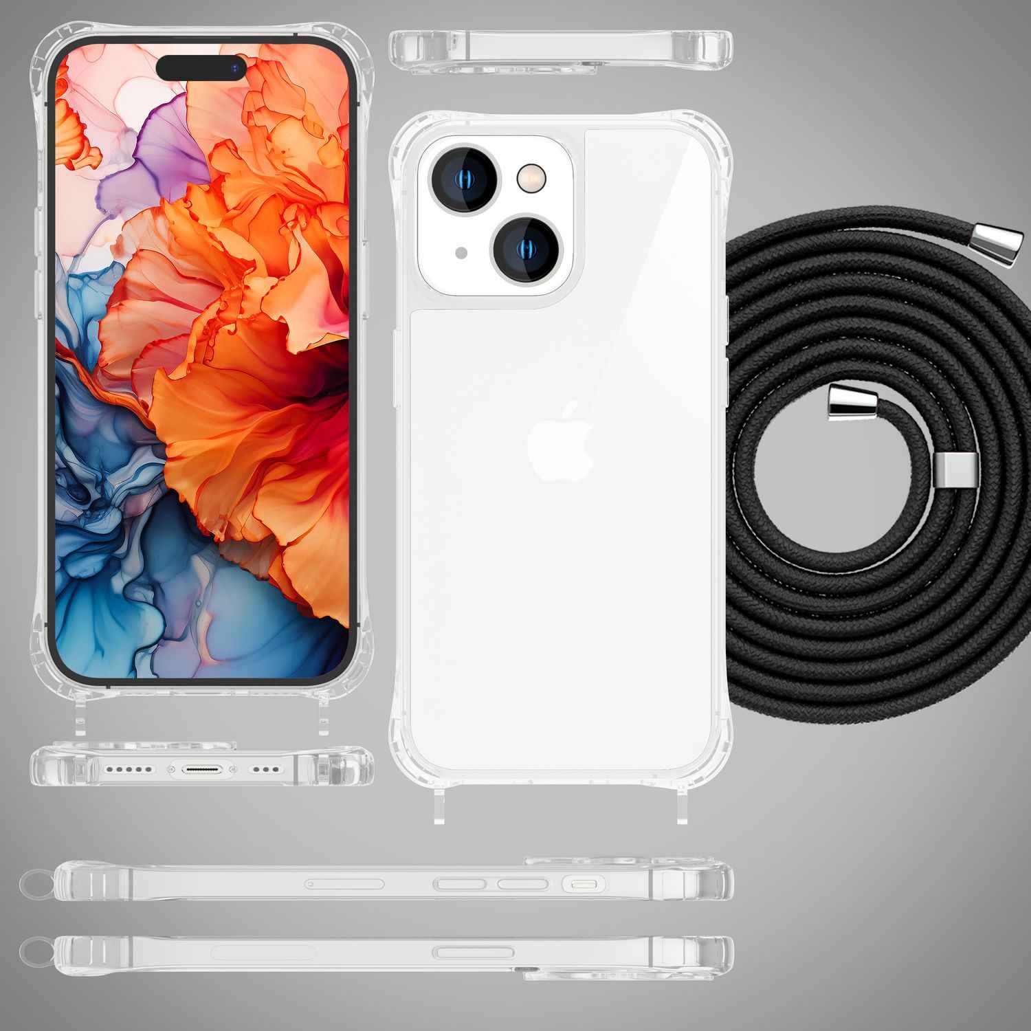 Hülle mit Band für iPhone 15 Handyhülle Umhängen Schutz Case Handy Kette Kordel