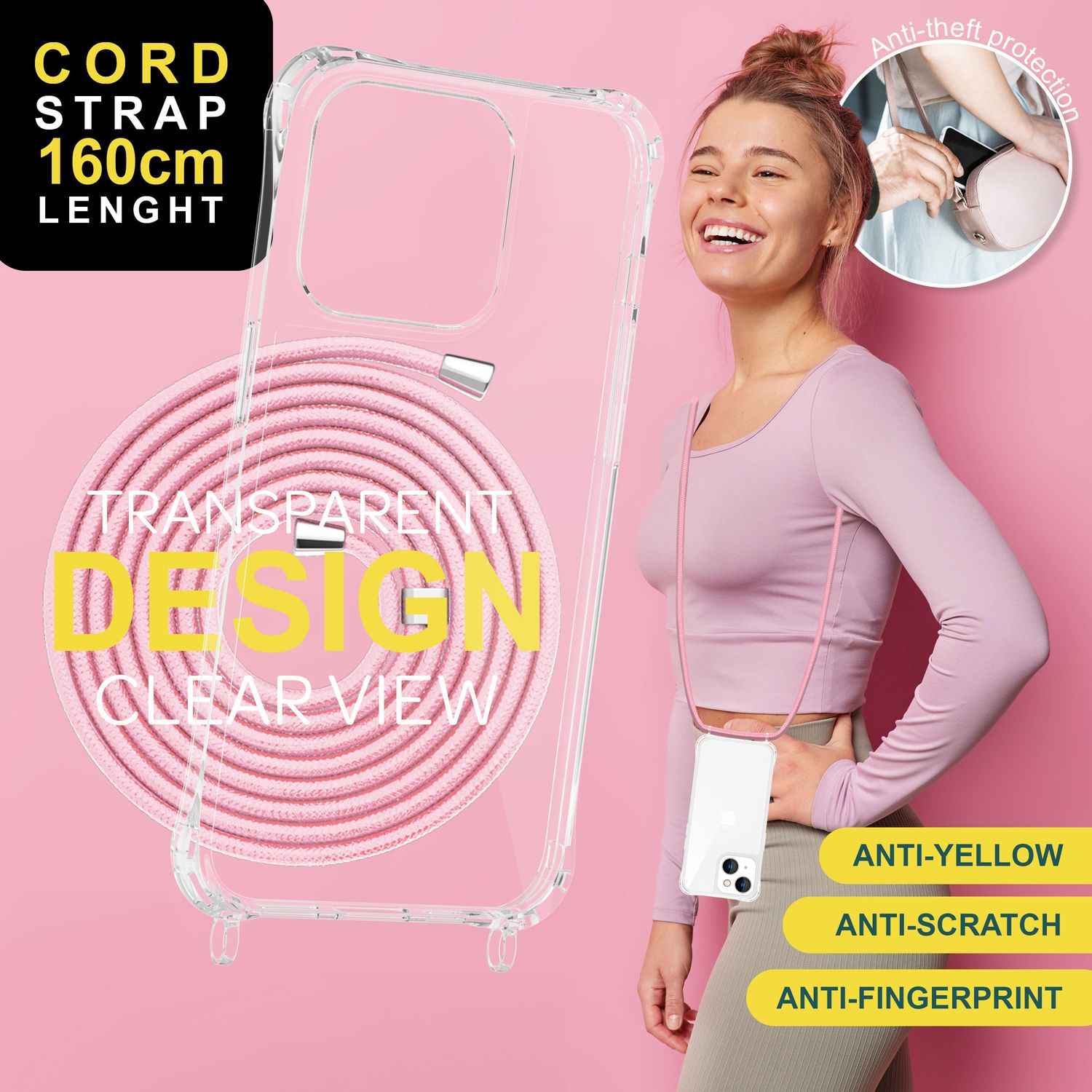 Hülle mit Band für iPhone 15 Plus Handyhülle Umhängen Handy Kette Kordel Case