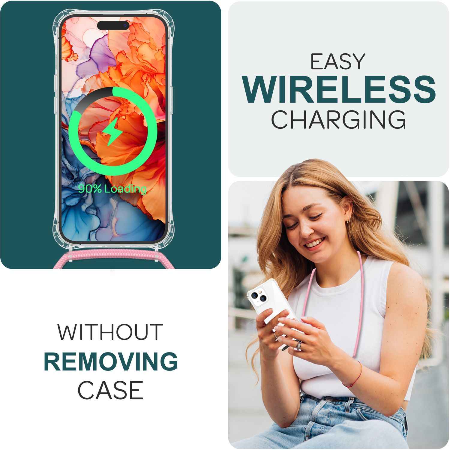 Hülle mit Band für iPhone 15 Plus Handyhülle Umhängen Handy Kette Kordel Case