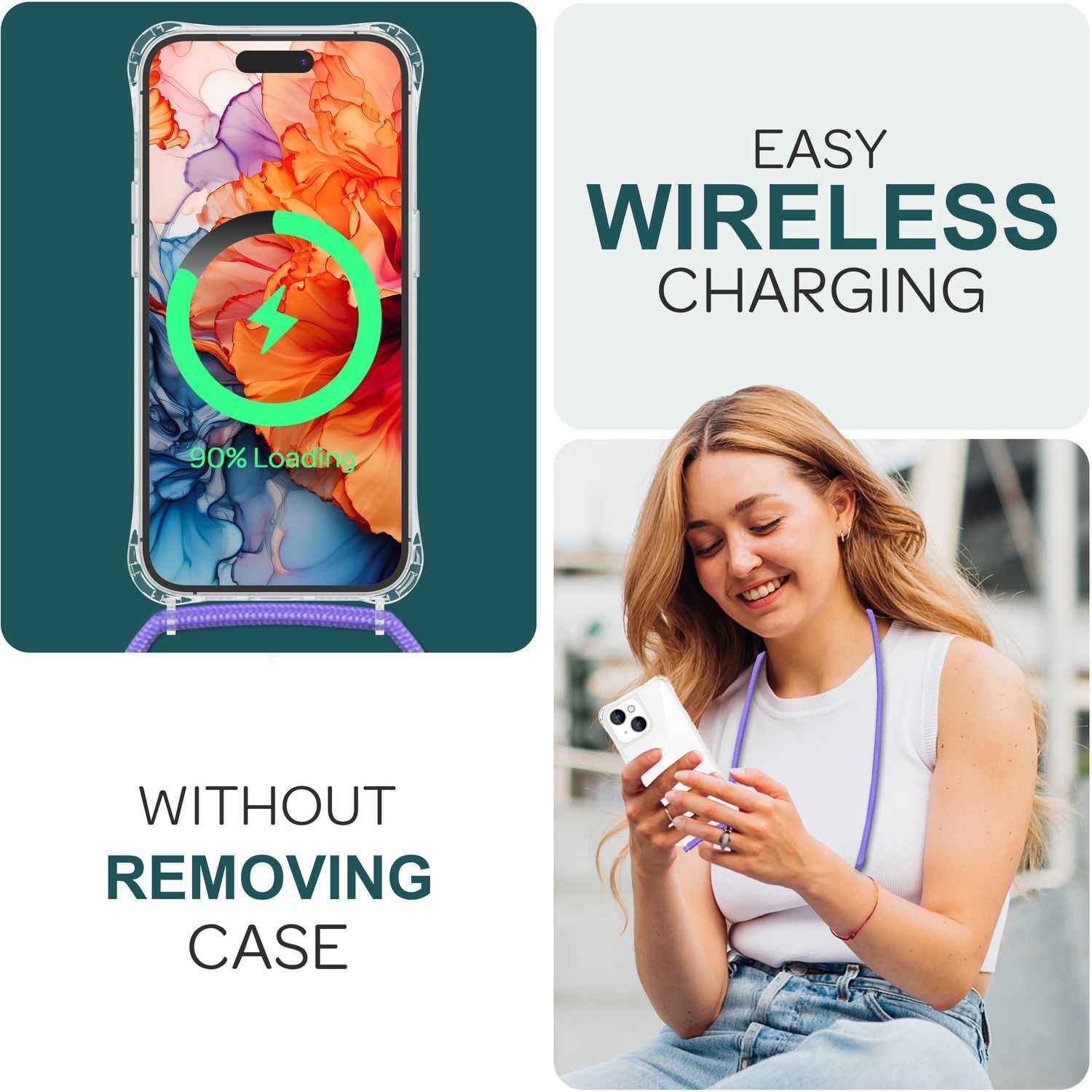 Hülle mit Band für iPhone 15 Plus Handyhülle Umhängen Handy Kette Kordel Case