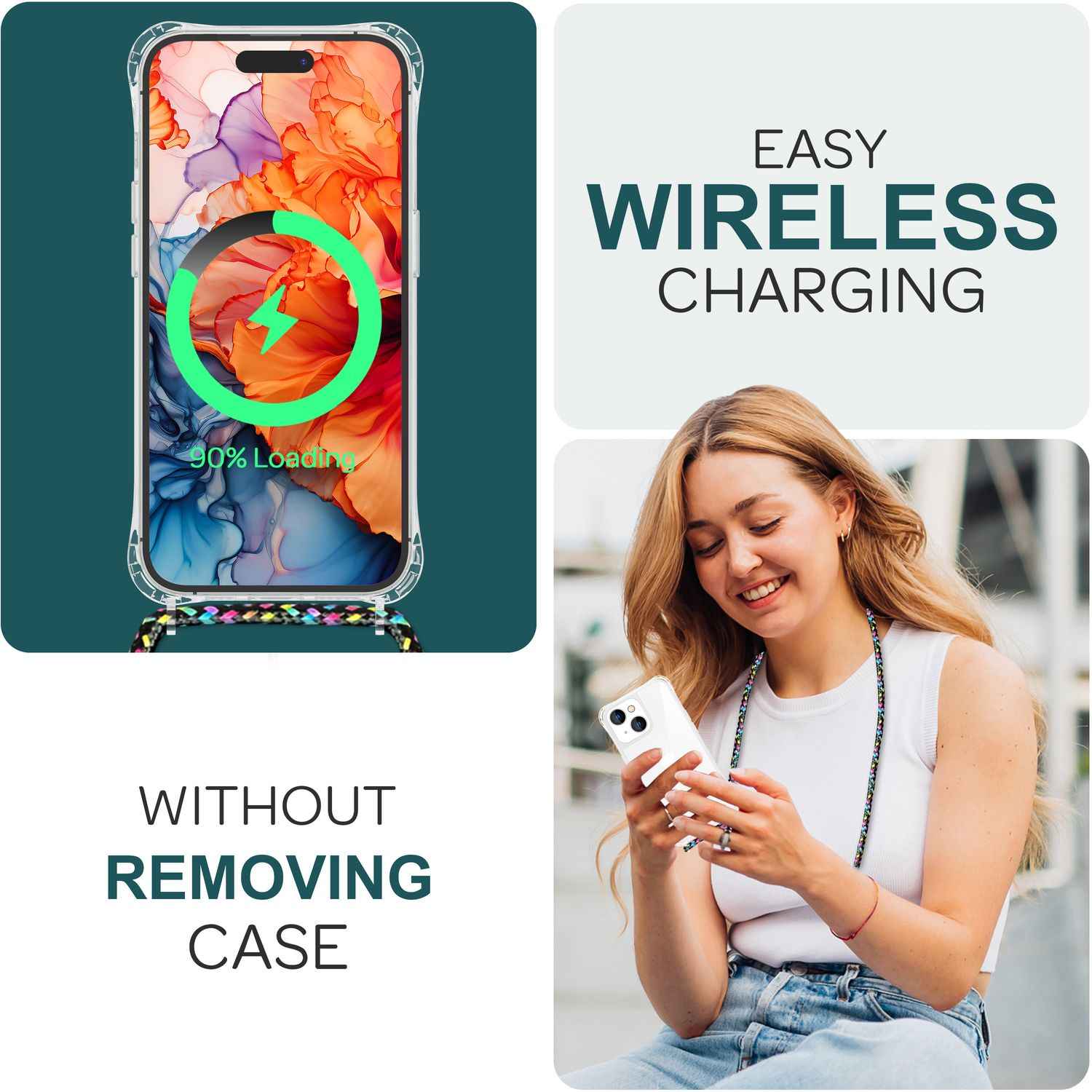 Hülle mit Band für iPhone 15 Plus Handyhülle Umhängen Handy Kette Kordel Case
