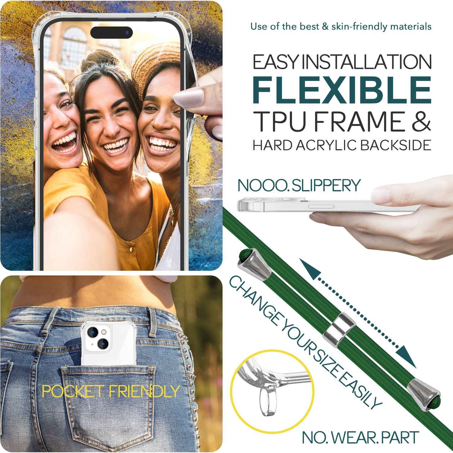 Hülle mit Band für iPhone 15 Plus Handyhülle Umhängen Handy Kette Kordel Case