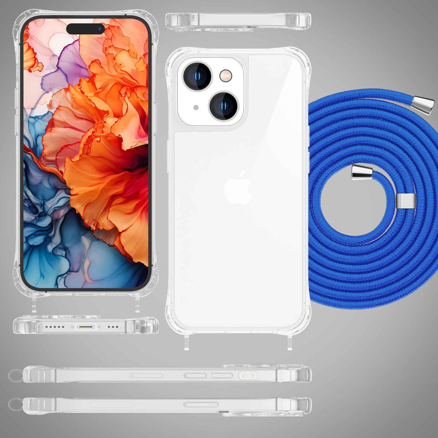 Hülle mit Band für iPhone 15 Plus Handyhülle Umhängen Handy Kette Kordel Case