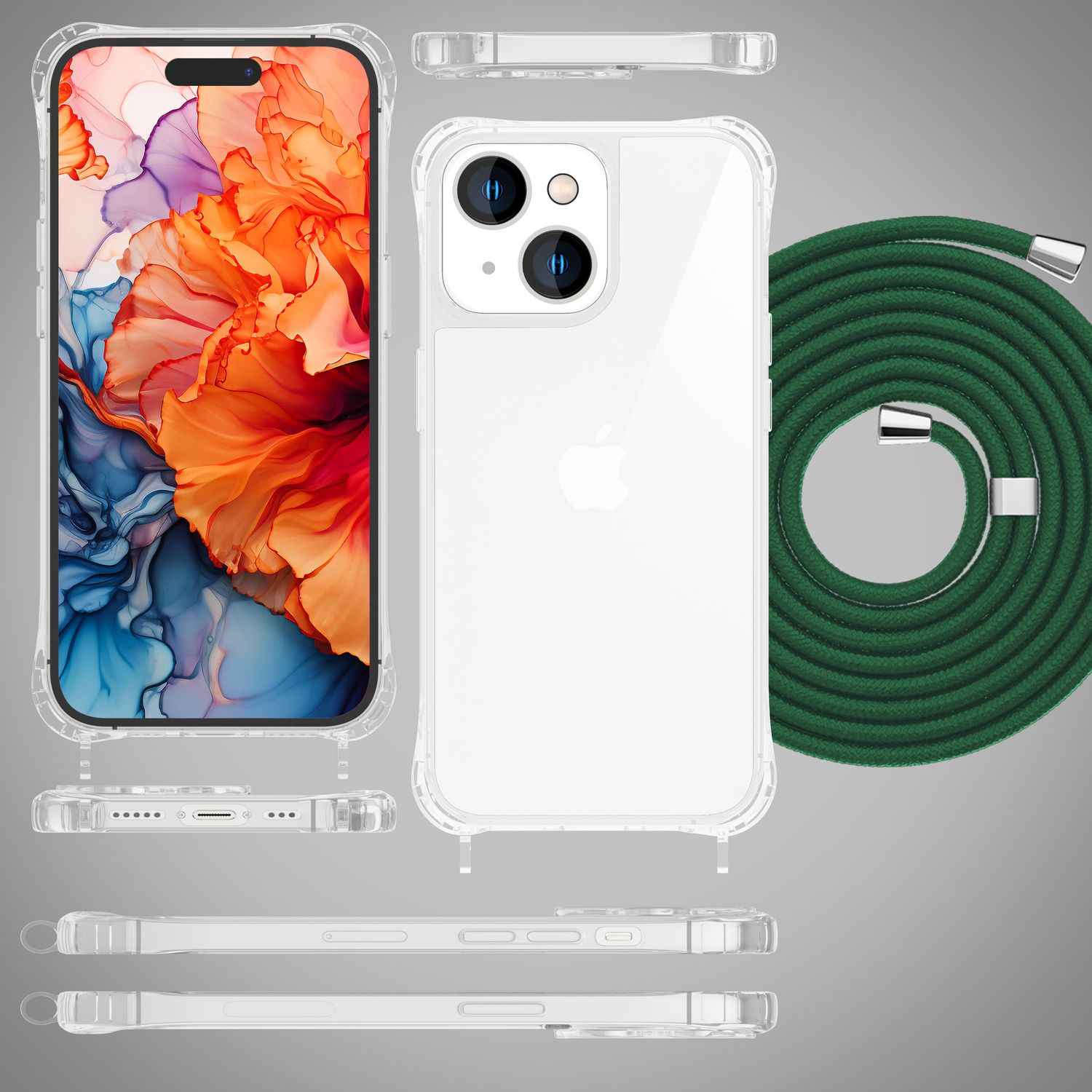 Hülle mit Band für iPhone 15 Plus Handyhülle Umhängen Handy Kette Kordel Case