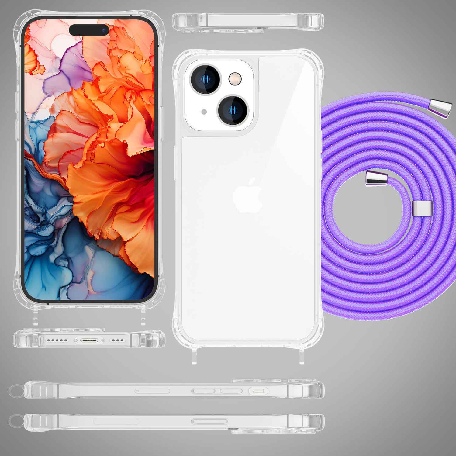 Hülle mit Band für iPhone 15 Plus Handyhülle Umhängen Handy Kette Kordel Case