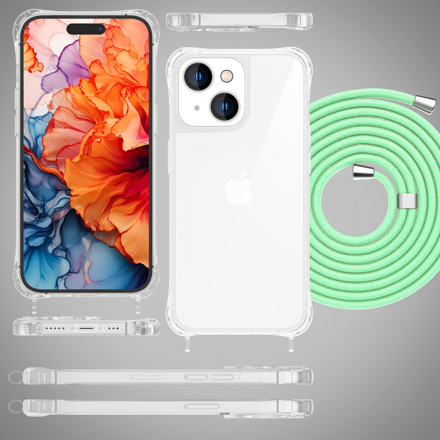 Handyhülle mit Umhängeband für iPhone 15 Plus transparent Polycarbonat 160 cm