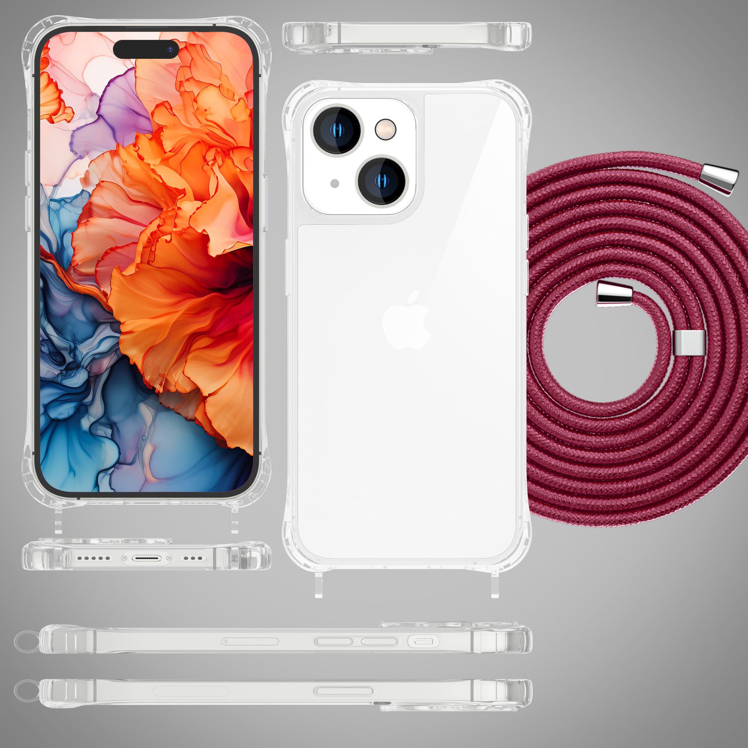 Handyhülle mit Umhängeband für iPhone 15 Plus transparent Polycarbonat 160 cm