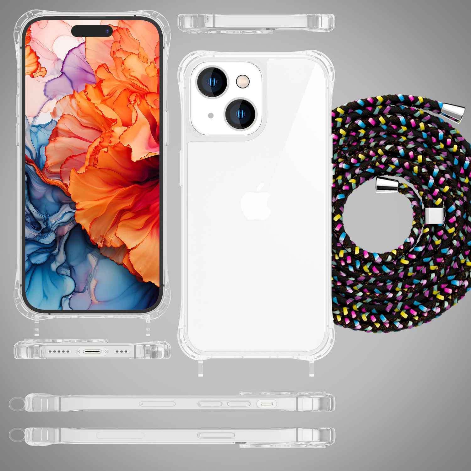 Hülle mit Band für iPhone 15 Plus Handyhülle Umhängen Handy Kette Kordel Case