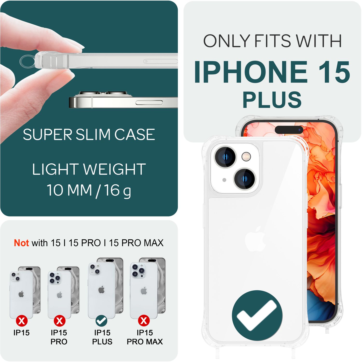 Handyhülle mit Umhängeband für iPhone 15 Plus transparent Polycarbonat 160 cm