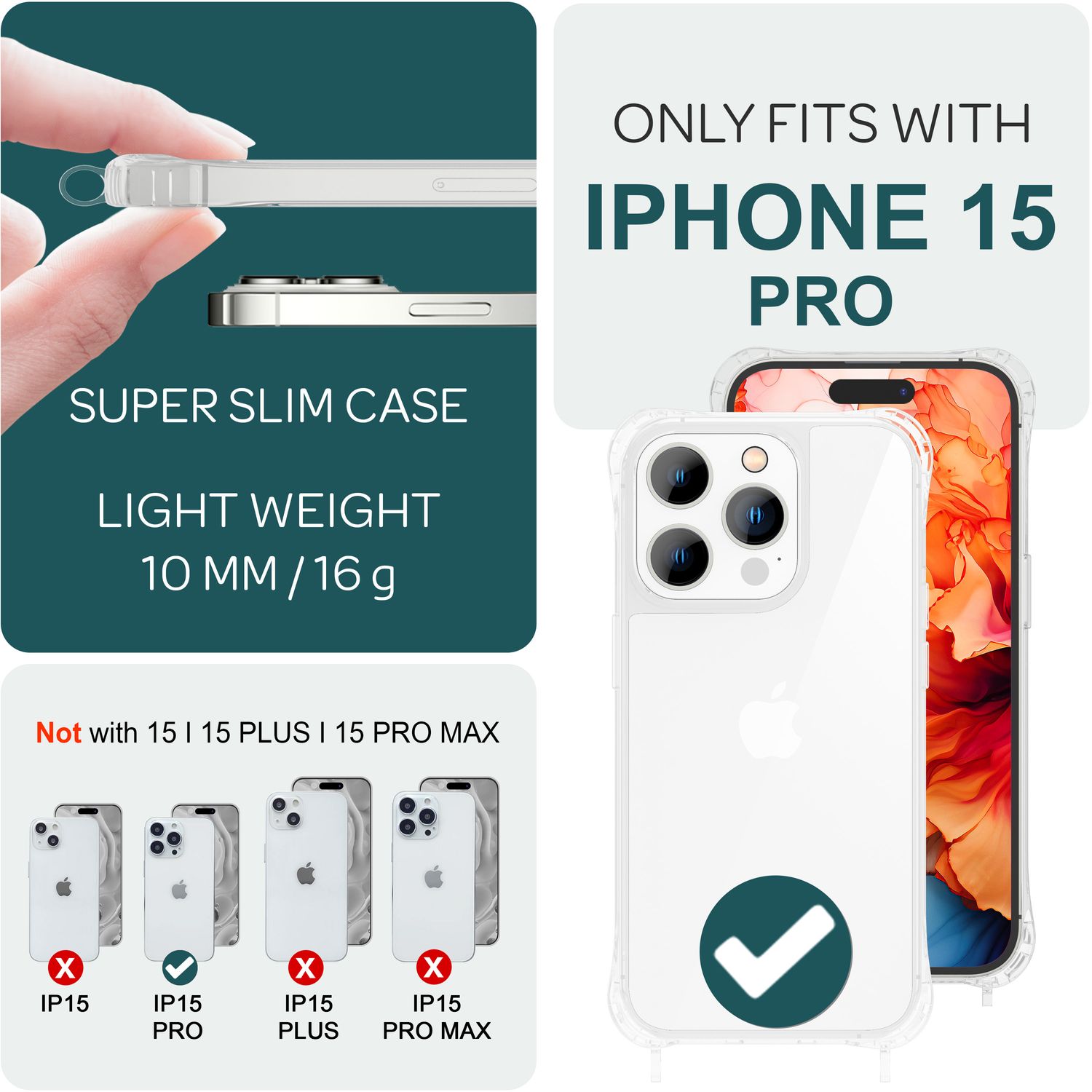 Umhängehülle für iPhone 15 Pro mit Handyband Polycarbonat transparent 160 cm
