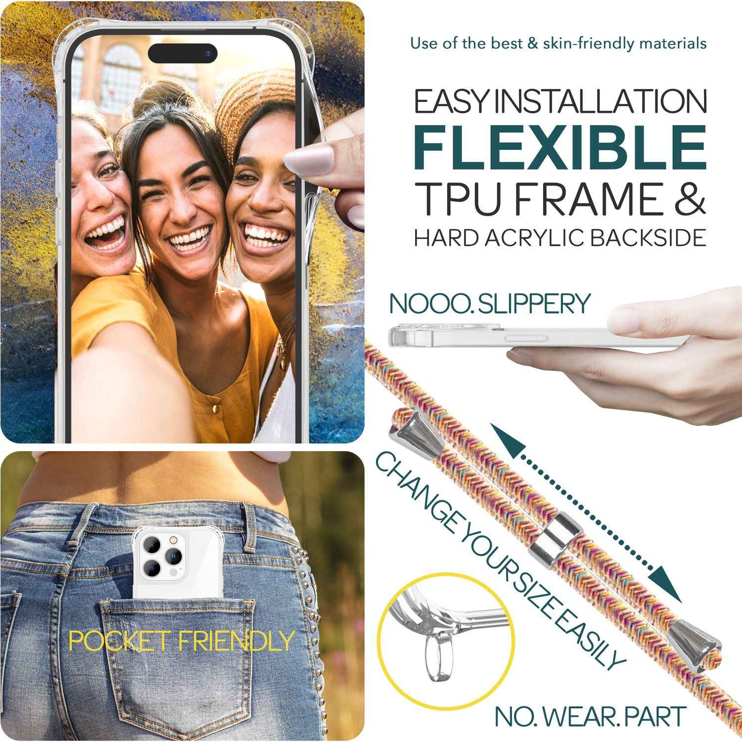Hülle mit Band für iPhone 15 Pro Handyhülle Umhänge Case Handy Kette Kordel Seil
