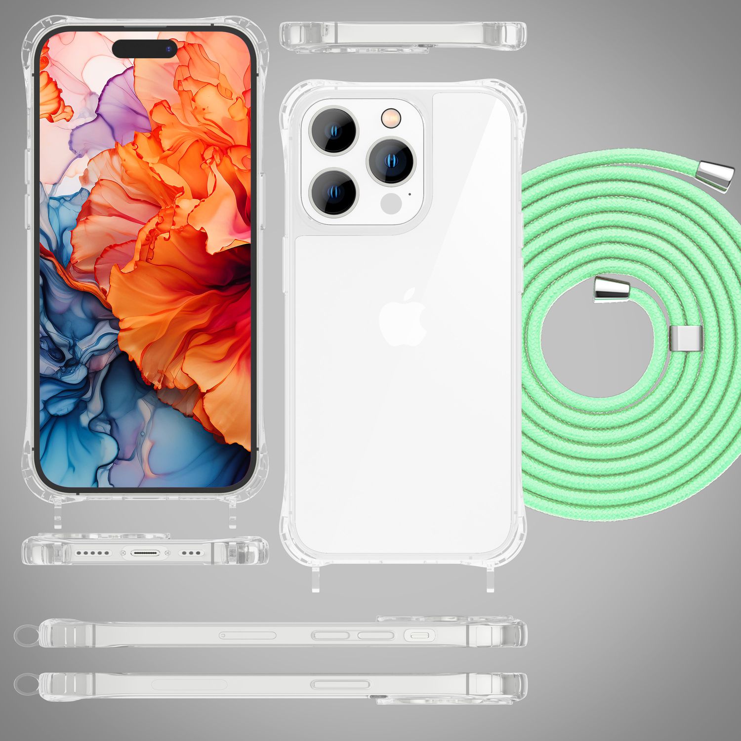 Umhängehülle für iPhone 15 Pro mit Handyband Polycarbonat transparent 160 cm