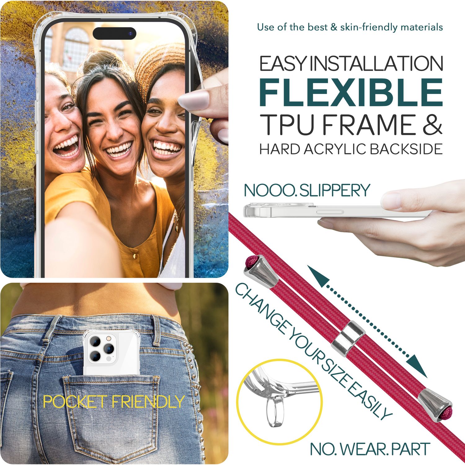 Handyhülle mit Band für iPhone 15 Pro Max transparent Polycarbonat Umhängekordel