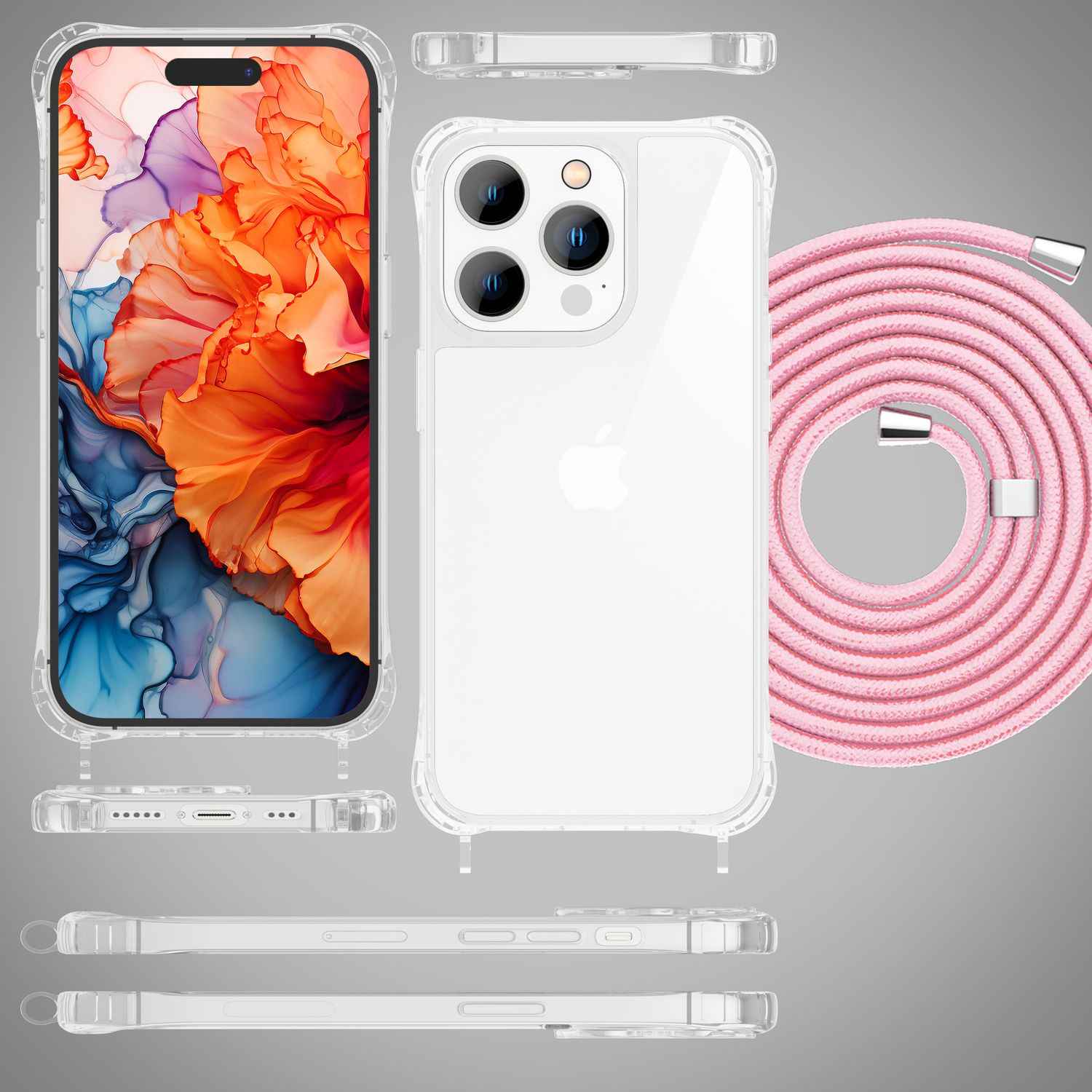 Hülle mit Band für iPhone 15 Pro Max Handyhülle Umhängen Handy Kette Case Kordel