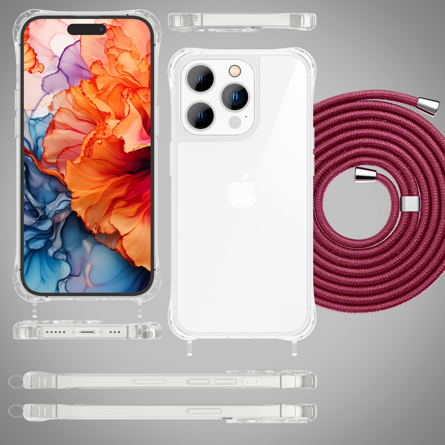 Handyhülle mit Band für iPhone 15 Pro Max transparent Polycarbonat Umhängekordel