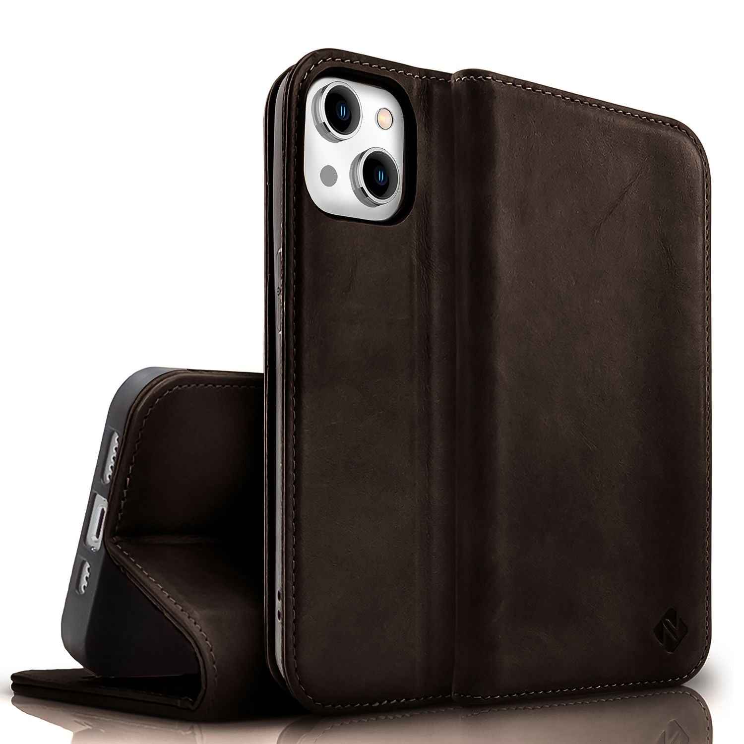 NALIA Echt-Leder Flipcase für iPhone 15 Hülle, Rindsleder Schutzhülle Lederhülle mit RFID-Schutz, Standfunktion Klappbar