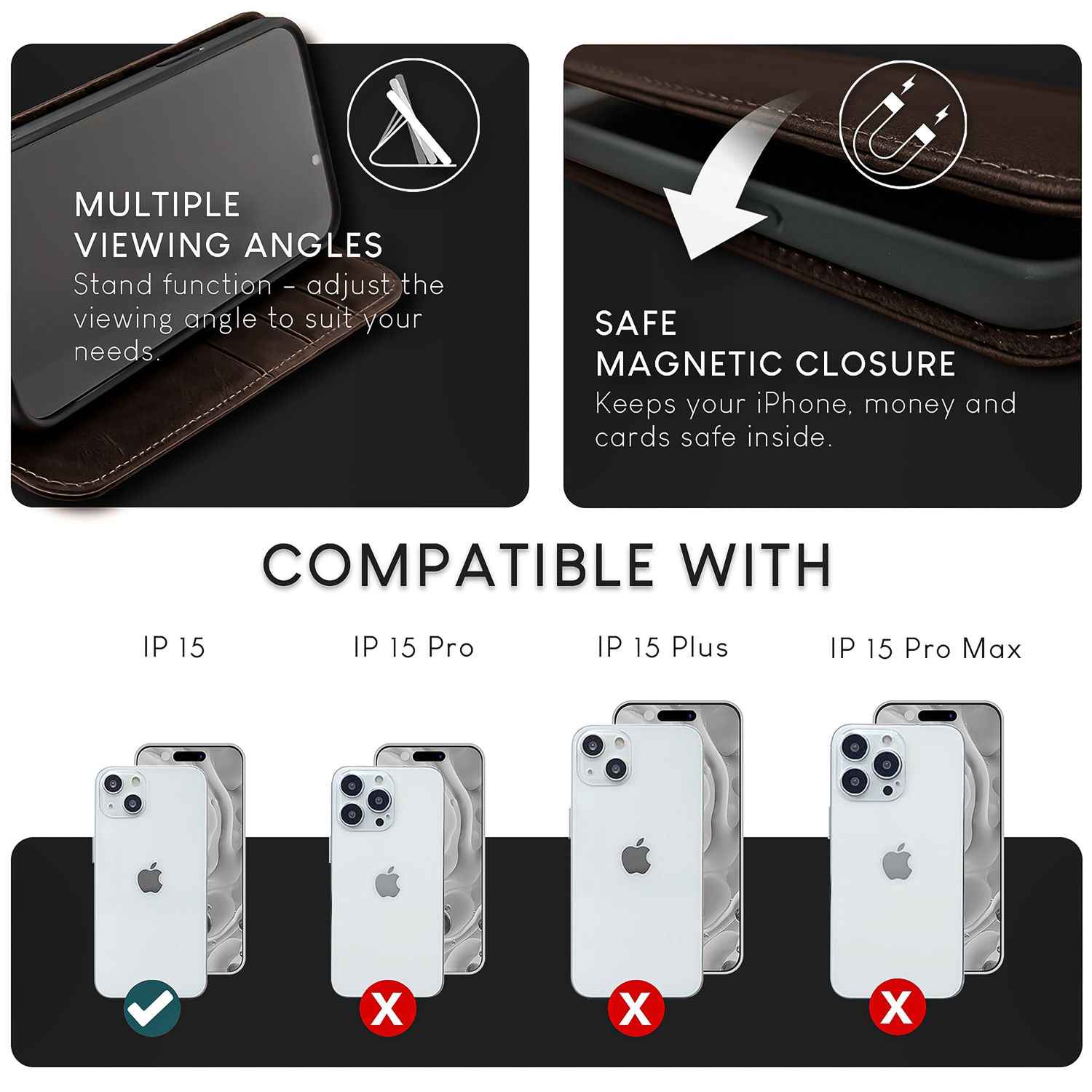 NALIA Echt-Leder Flipcase für iPhone 15 Hülle, Rindsleder Schutzhülle Lederhülle mit RFID-Schutz, Standfunktion Klappbar