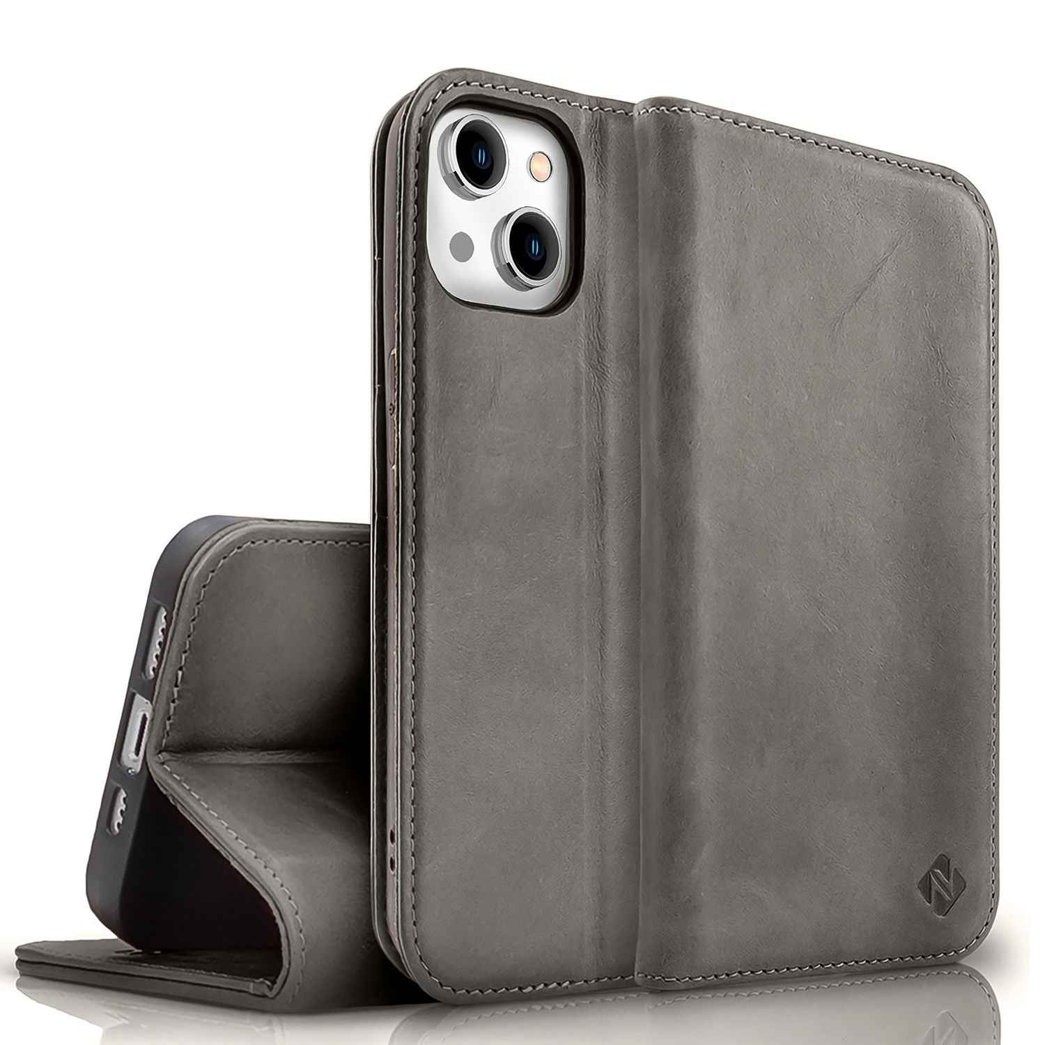 NALIA Echt-Leder Flipcase für iPhone 15 Hülle, Rindsleder Schutzhülle Lederhülle mit RFID-Schutz, Standfunktion Klappbar