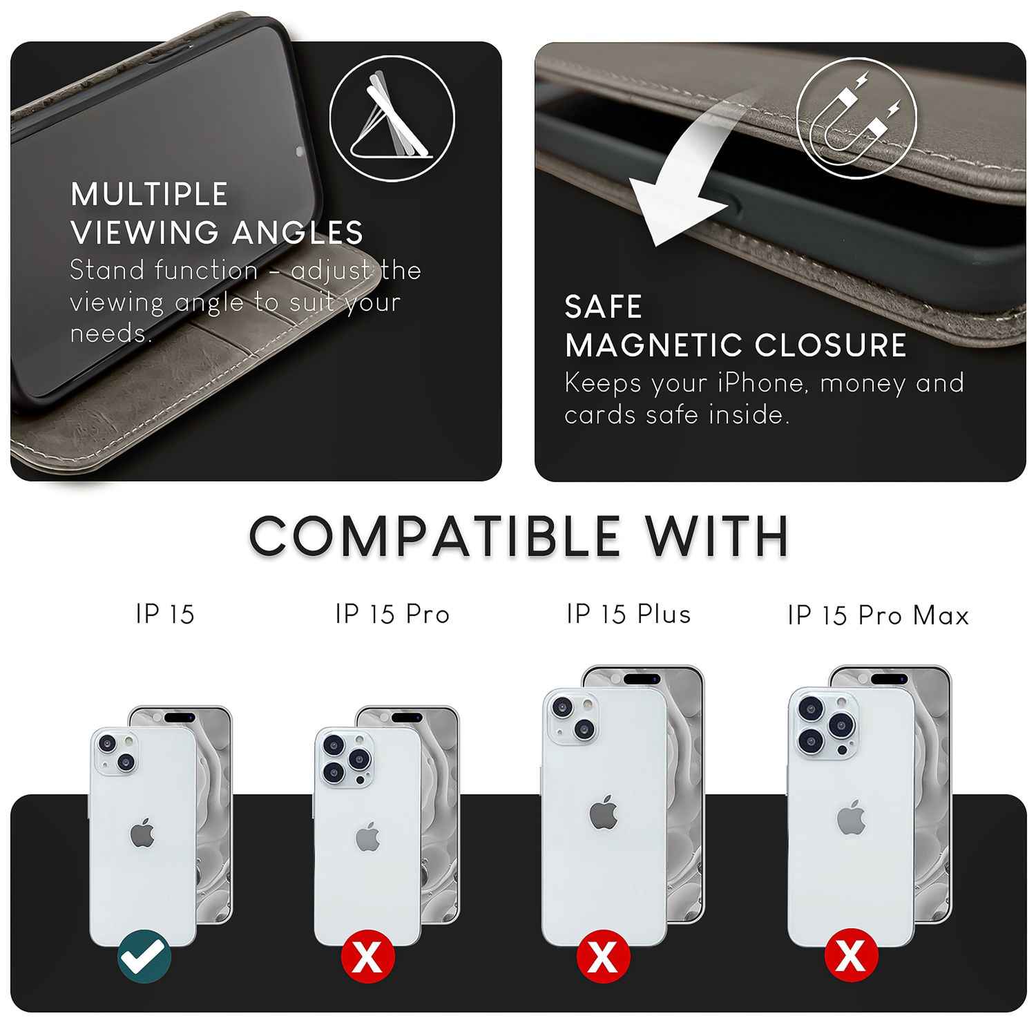 NALIA Echt-Leder Flipcase für iPhone 15 Hülle, Rindsleder Schutzhülle Lederhülle mit RFID-Schutz, Standfunktion Klappbar