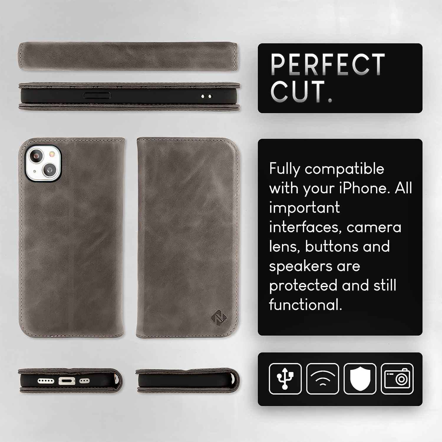 NALIA Echt-Leder Flipcase für iPhone 15 Hülle, Rindsleder Schutzhülle Lederhülle mit RFID-Schutz, Standfunktion Klappbar