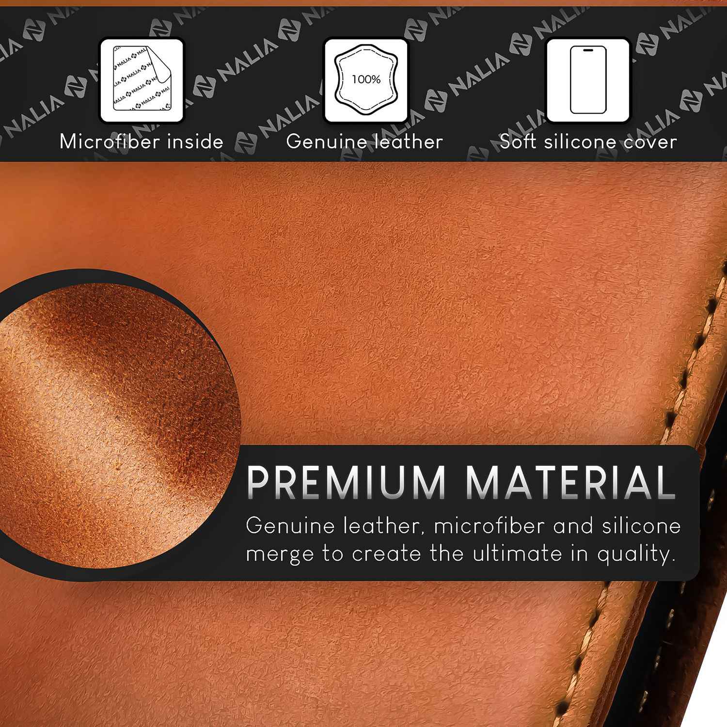 NALIA Echt-Leder Flipcase für iPhone 15 Hülle, Rindsleder Schutzhülle Lederhülle mit RFID-Schutz, Standfunktion Klappbar