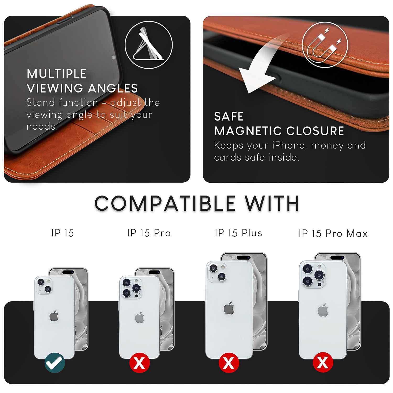 NALIA Echt-Leder Flipcase für iPhone 15 Hülle, Rindsleder Schutzhülle Lederhülle mit RFID-Schutz, Standfunktion Klappbar