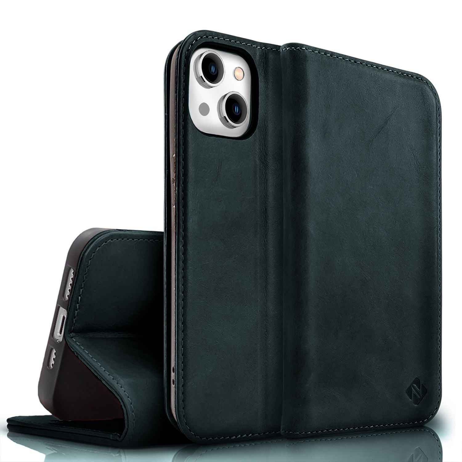 NALIA Echt-Leder Flipcase für iPhone 15 Hülle, Rindsleder Schutzhülle Lederhülle mit RFID-Schutz, Standfunktion Klappbar