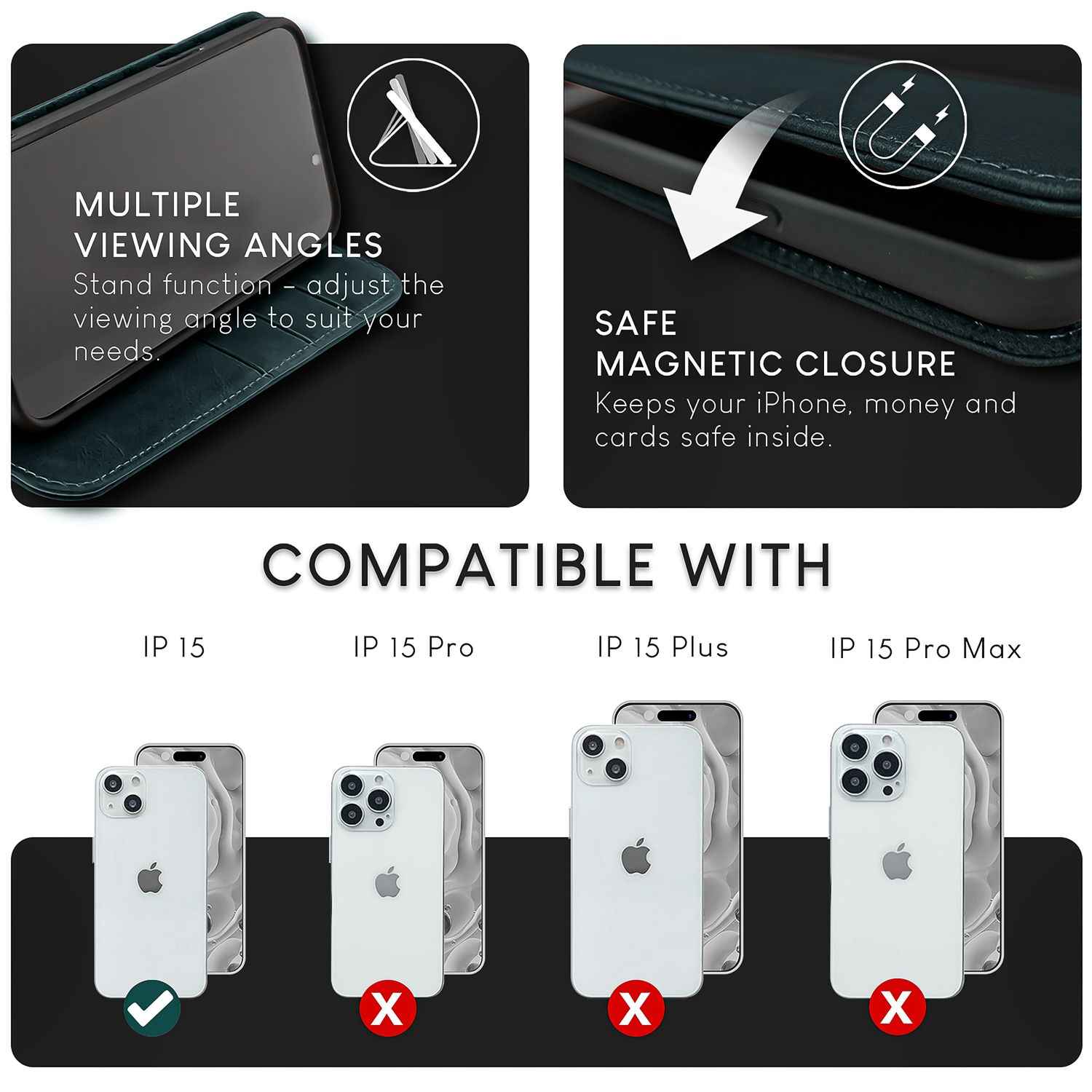 NALIA Echt-Leder Flipcase für iPhone 15 Hülle, Rindsleder Schutzhülle Lederhülle mit RFID-Schutz, Standfunktion Klappbar