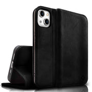 NALIA Echt-Leder Flipcase für iPhone 15 Hülle, Rindsleder Schutzhülle Lederhülle mit RFID-Schutz, Standfunktion Klappbar