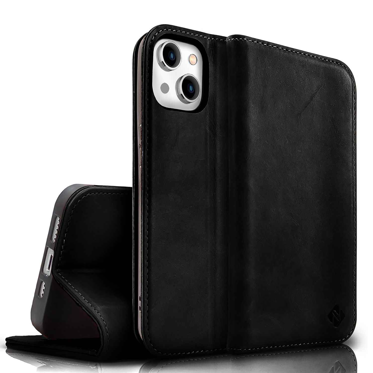 NALIA Echt-Leder Flipcase für iPhone 15 Hülle, Rindsleder Schutzhülle Lederhülle mit RFID-Schutz, Standfunktion Klappbar