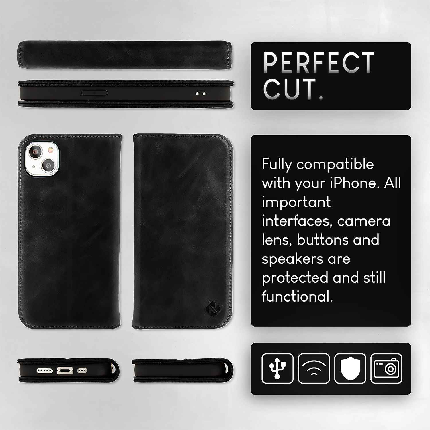 NALIA Echt-Leder Flipcase für iPhone 15 Hülle, Rindsleder Schutzhülle Lederhülle mit RFID-Schutz, Standfunktion Klappbar