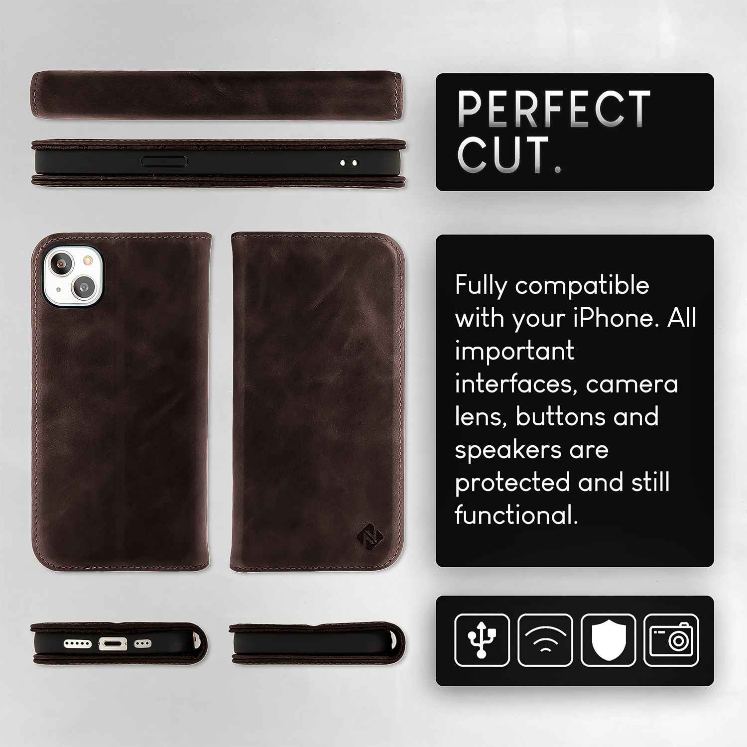 NALIA Echt-Leder Flipcase für iPhone 15 Plus Hülle, Rindsleder Schutzhülle Lederhülle RFID-Schutz, Aufstellbar Klappbar