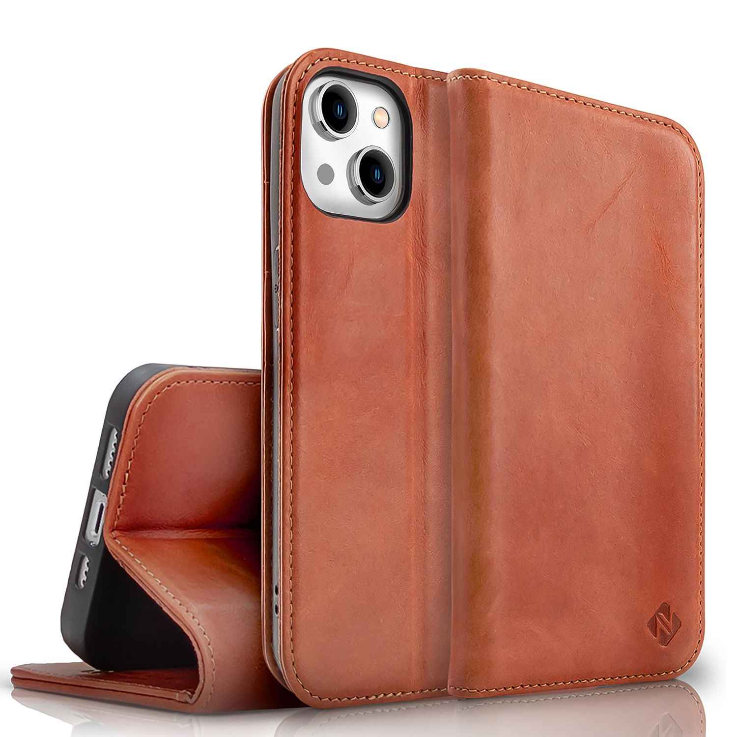 NALIA Echt-Leder Flipcase für iPhone 15 Plus Hülle, Rindsleder Schutzhülle Lederhülle RFID-Schutz, Aufstellbar Klappbar