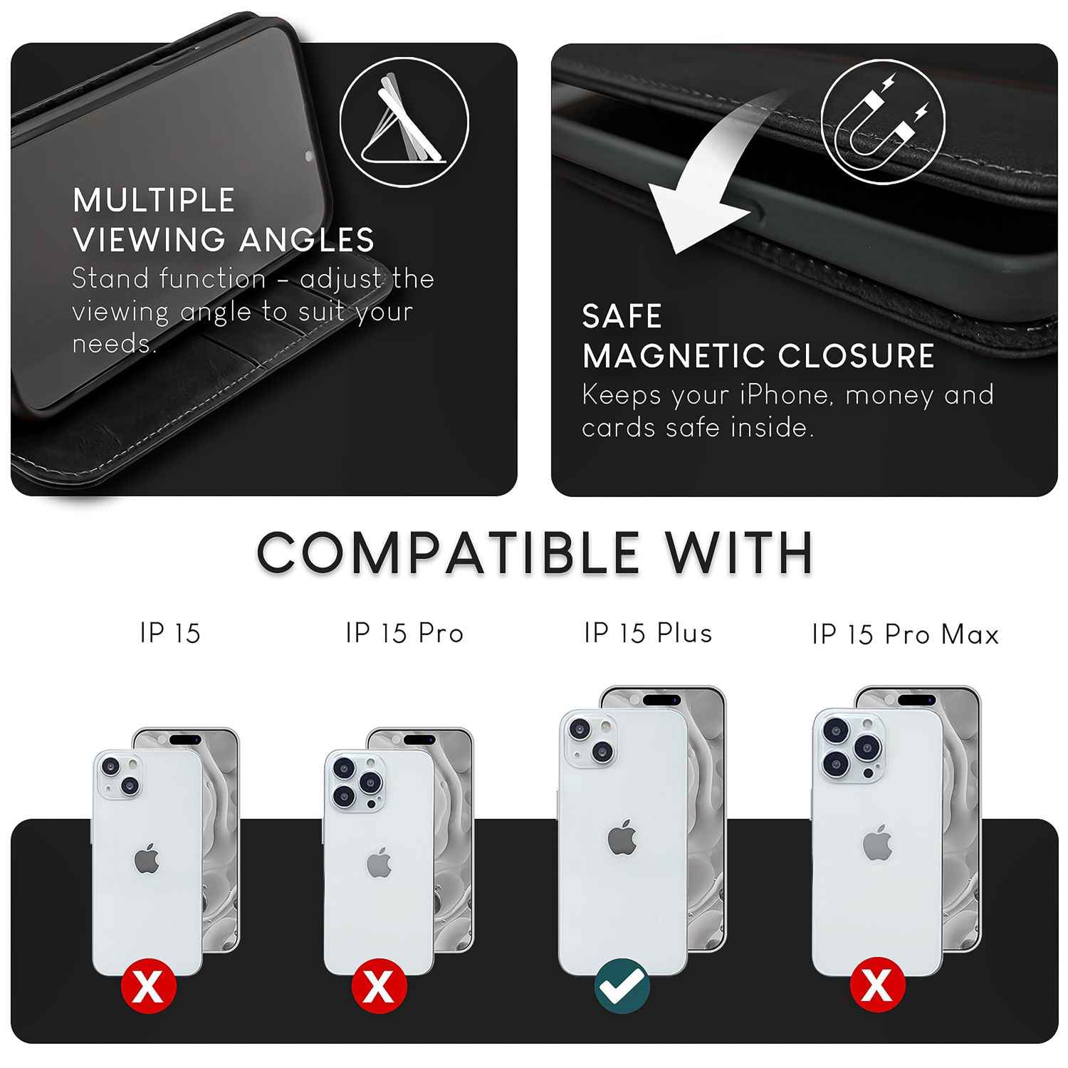 NALIA Echt-Leder Flipcase für iPhone 15 Plus Hülle, Rindsleder Schutzhülle Lederhülle RFID-Schutz, Aufstellbar Klappbar