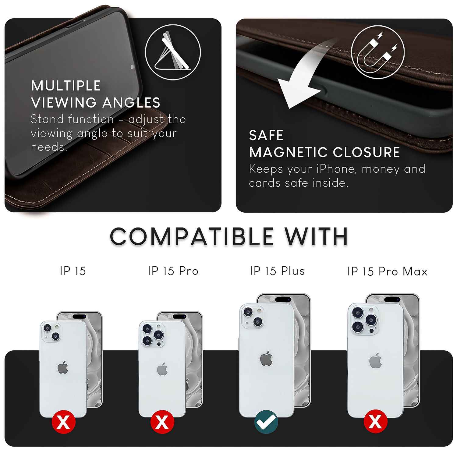 NALIA Echt-Leder Flipcase für iPhone 15 Plus Hülle, Rindsleder Schutzhülle Lederhülle RFID-Schutz, Aufstellbar Klappbar