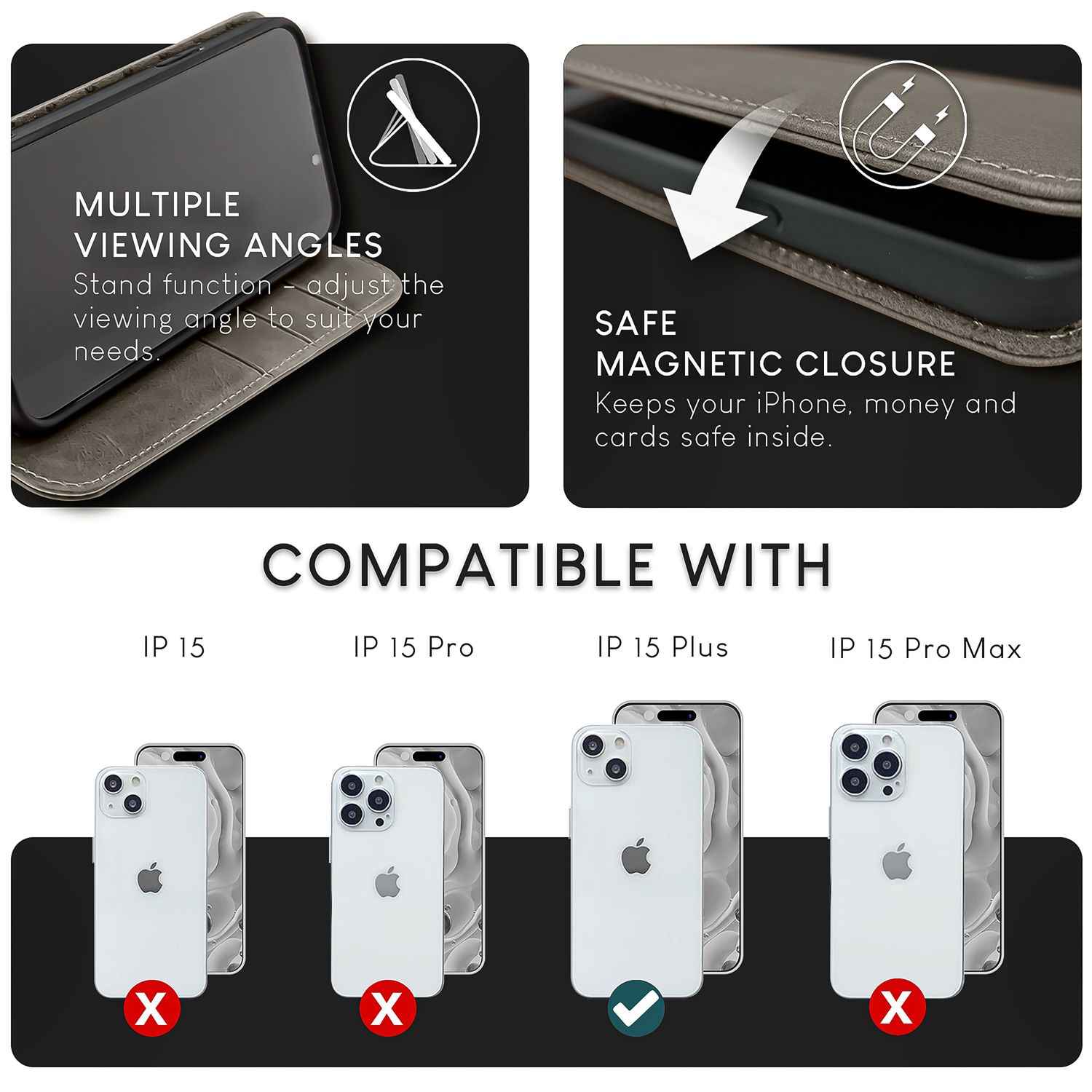 NALIA Echt-Leder Flipcase für iPhone 15 Plus Hülle, Rindsleder Schutzhülle Lederhülle RFID-Schutz, Aufstellbar Klappbar