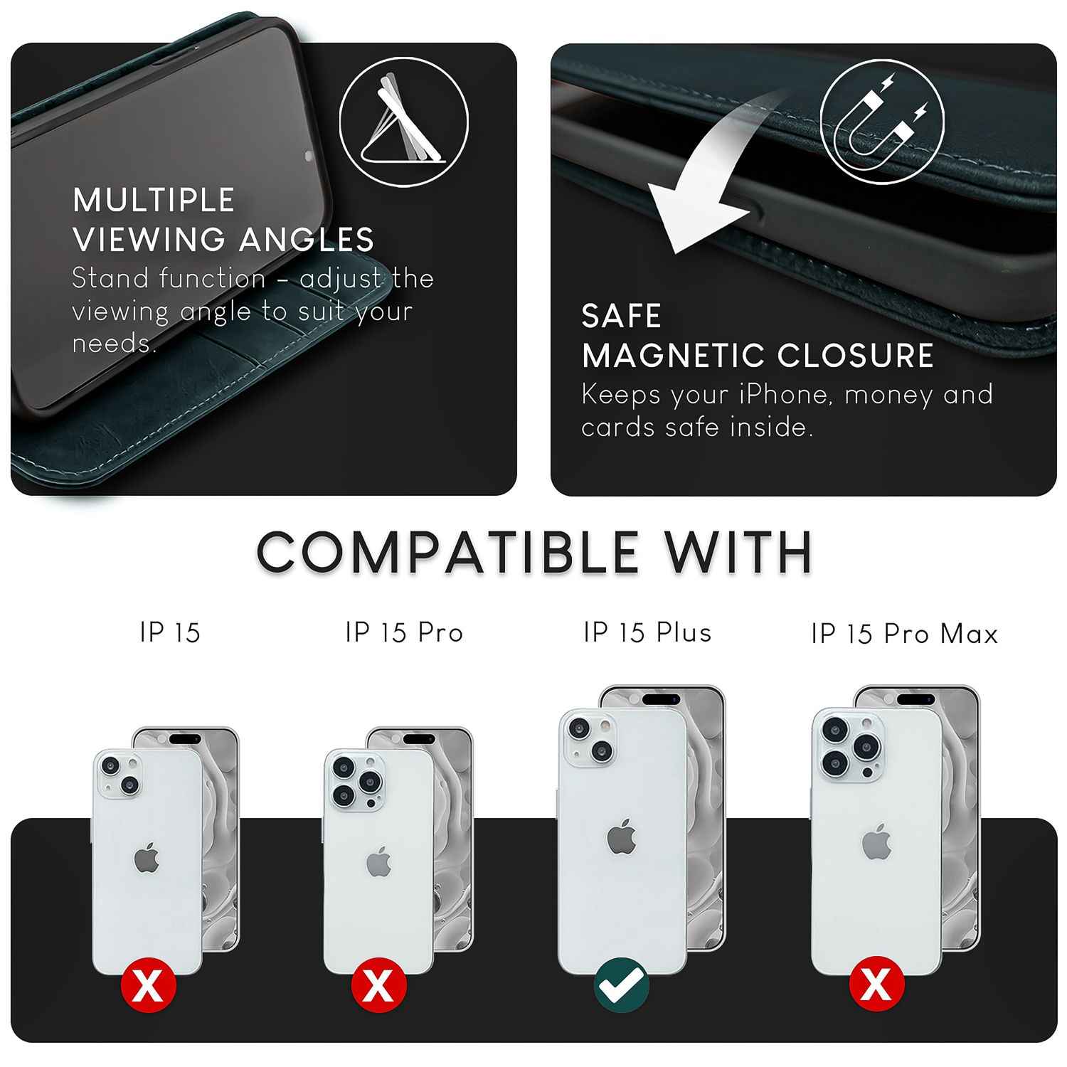 NALIA Echt-Leder Flipcase für iPhone 15 Plus Hülle, Rindsleder Schutzhülle Lederhülle RFID-Schutz, Aufstellbar Klappbar